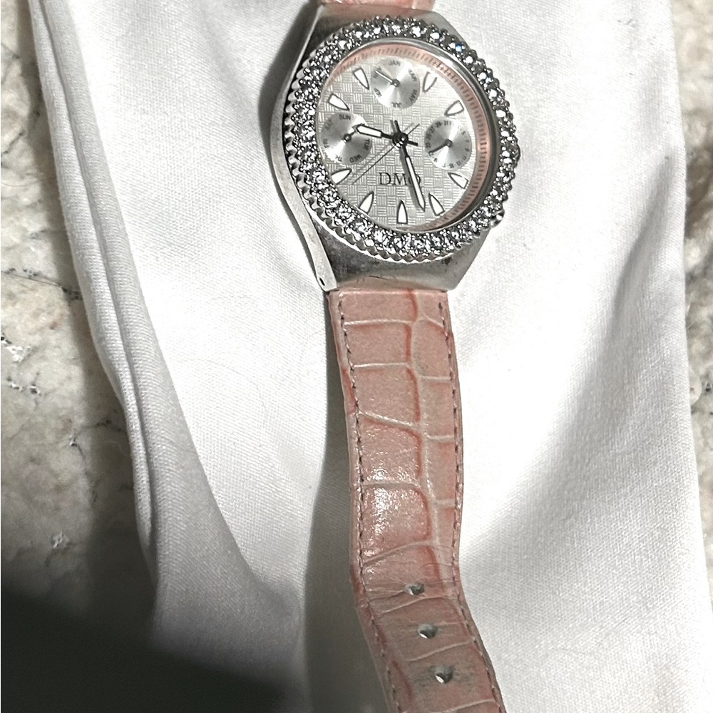 Diamonique and stainless steel watch with pink leather band